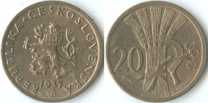 Czechoslovakia 1937 20 Haleru KM# 1 Cu-Ni Czech Lion Slovak Shield Sheaf Sickle - Picture 1 of 3