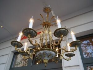 8 LIGHT BRASS EMPIRE CHANDELIER CREAM COLORED VARNISH LAMP FRENCH OLD Ø 24"