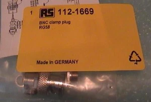 RS1NEW 12-1669 BNC CLAMP PLUG RG58 CONNECTOR SEALED BAG GERMAN GOLD CONTACT - Imagen 1 de 1