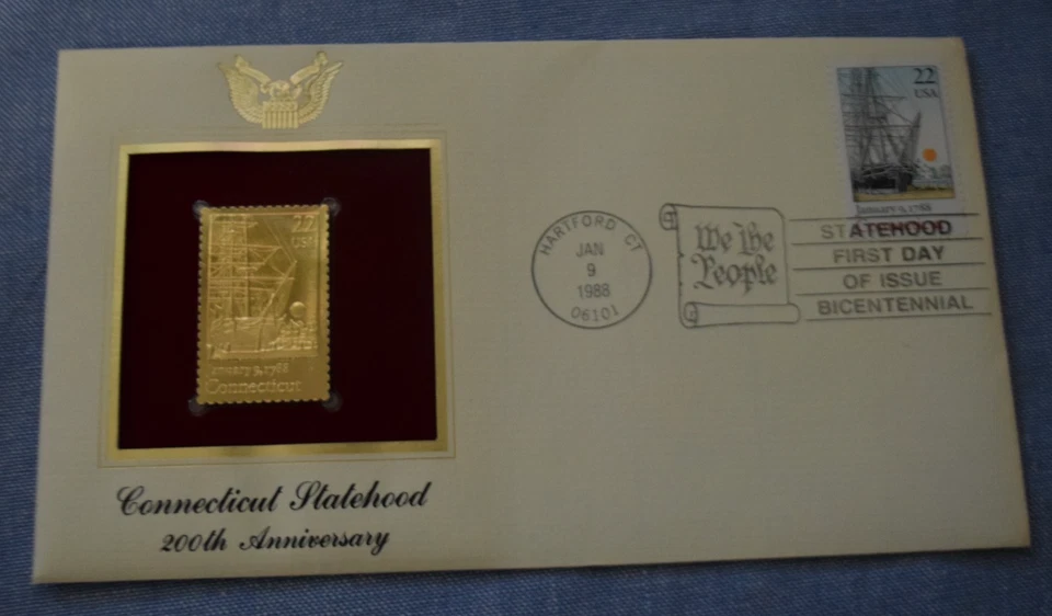 SELLO DE 22 CENTAVOS DE ORO 1988 EMISIÓN PRIMER DÍA HARTFORD, CT Foto 1 de 1