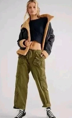 Free People Tahiti Cargo Pants Utility Pocket Smocked Rope Tie Dried Herb XS NEW - Image 1 of 4