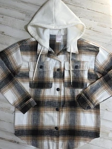 Camisa con capucha de franela a cuadros marrón No Boundaries para mujer mediana (7-9) manga larga - Imagen 1 de 9