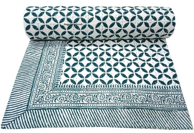 Indian Hand Block Print kantha Bedding Throw Hand Stitch Bedcover/ Bedding/Sofa - Image 1 of 4