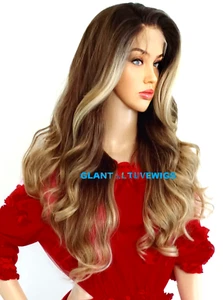 31'' FREE PART LACE FRONT FULL WIG LONG WAVY LAYERED OMBRE BROWN GOLDEN BLONDE - Picture 1 of 5