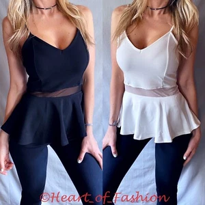 Sexy corte bajo para mujer escote profundo Peplum Mesh Insertar Cami Party Evening Top - Imagen 1 de 8