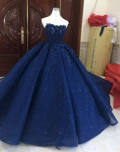 Mysterious sparkling navy blue bandeau wedding ball gown dress glitter tulle - Picture 1 of 3