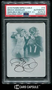 2016 Impeccable Indelible Ink Printing Plate Cyan 1/1 Brock Osweiler Auto PSA 8 - Picture 1 of 2