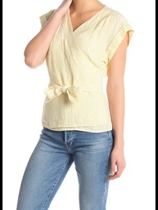 Camisa de lino a rayas sin mangas envolvente con marco Golden Haze para mujer talla pequeña nueva $240 - Imagen 1 de 6