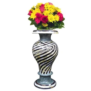 12" Handmade Green Marble Inlay Vase | Black Pearl & Yellow Pearl Stones | India - Picture 1 of 6