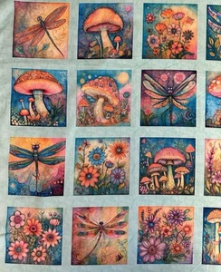 SPRING BLING BUTTERFLY MUSHROOMS FLOWERS BLOCKS FABRIC PANEL BY QT 36"X44" - Picture 1 of 12