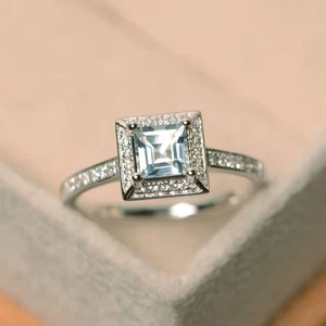 925 Sterling Silver Natural Princess Cut Aquamarine Victorian Ring For Women - Picture 1 of 4