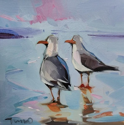 Impresión de Bellas Artes José Trujillo 16x16" Coleccionable Artista Gaviotas Playa Mar Moderno Foto 1 de 4