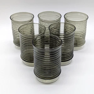 VTG Smoked Gray Blown Glass Tumblers Ribbed Footed Set of 6 MCM Nordic Style - Picture 1 of 8