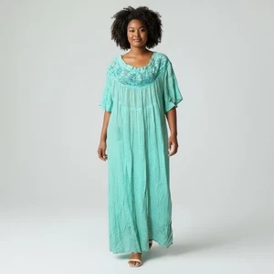 Maxi Vestido Aqua Boho Crochet Fluido Arrugado Gasa Campesino Playa Caftán - Imagen 1 de 8