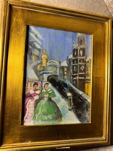 Tableau ancien huile "Deux femmes en scène de rue de ville" - Encadré - Photo 1/13