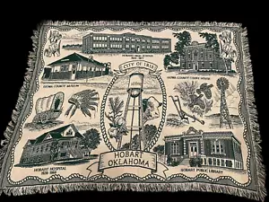 Hobart Oklahoma Tapestry Blanket City of Iris White Green Vintage Library Museum - Picture 1 of 9
