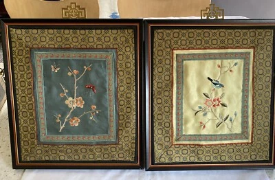 Pair of 2 Antique Chinese Silk Embroidered Panels 12x 11” Framed Floral Bird - Image 1 of 4