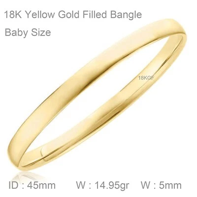 Bracelet Real 18k Yellow Gold Filled Solid Flat 5mm Cuff Baby Size 45mm - Image 1 of 3