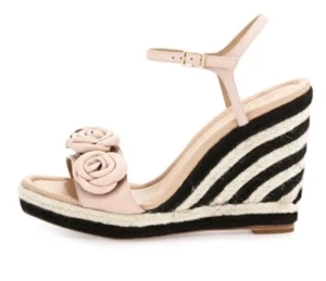 Kate Spade Jill rosa Puffleder Rosette schwarz weiß gewebt Raffia Wedges Gr. 10 - Bild 1 von 12