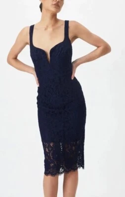 BARDOT Adeline Lace Plunge-Neck Midi Dress Navy New Size Medium, 6 - Image 1 of 4