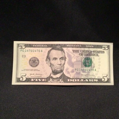 UNCIRCULATED MINT REPEATER SERIAL NUMBER $5 DOLLAR BILL 14701470 (2017A) - Image 1 of 4