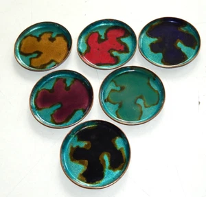 Feiko Hanau Emaille auf Kupfer 6 Tellerchen in Leder - Gestell Untersetzer - Picture 1 of 7