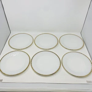 6 Platos de Cena Fire King 9" Vidrio Leche Remolino Años 50 Aniversario Borde Dorado MCM De Colección - Imagen 1 de 6