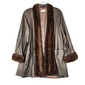 Caché Womens Coat XS Bronze Leather Mink Fur Trim Open Front Glam Jacket - Picture 1 of 19