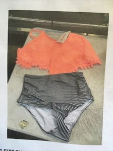 FIRPEARL WOMENS BATHING SUIT SMALL CORAL TOP BLACK/WHITE STRIPED BOTTOM - Picture 1 of 2