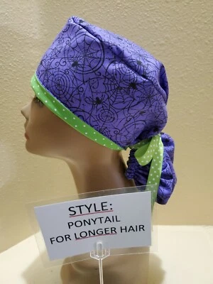 Spiders & Webs (purple) Halloween Women's Ponytail Surgical Scrub Hat/Cap - Image 1 of 4