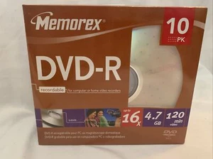 Memorex DVD-R 10pk 16x 4.7GB 120min Recordable New Media Discs With Cases Movies - Picture 1 of 2