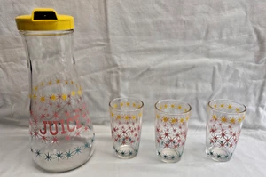 Vintage Hazel Atlas Atomic Starburst EZ Pour Juice Carafe and 3 Glasses Set MCM - Picture 1 of 13