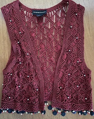 Chaleco Andrea Jovine Talla Mediana, Granate, Divertido, Crochet Cuentas Flecos Coachella Foto 1 de 4