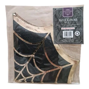 Haunted House Halloween Spider Web Napkins Gold And Black Pack Of 12 - Picture 1 of 1