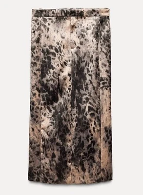 NUEVO Zara Falda Arrugada Estampado Falda ZW Colección Leopardo Largo Marrón 8509/028 S Foto 1 de 4