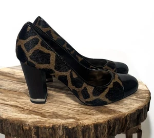 Ann Taylor Calf Hair Leather Animal Print Cap Toe Block Heel Shoes Pumps Size 6 - Picture 1 of 13