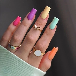 NEW-24pcs Long Square French Colorful Style Fake Nail Press On Nails False Nails - Picture 1 of 13