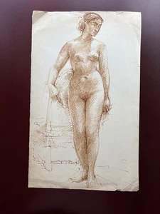 Antique Vintage Life Drawing – Standing Female Nude in Sepia Ink Figure Study - Picture 1 of 5