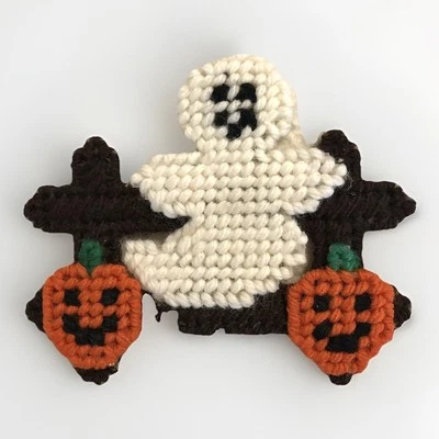 Plastic Canvas Halloween Magnet Ghost On A Fence With Pumpkins Handmade. - Image 1 of 2