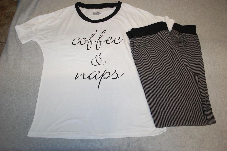 Conjunto de Pijama Feminino COFFEE & NAPS Branco S/S Top CALÇA Preto Listra Cinza Extra Grande 16-18 - Imagem 1 de 1