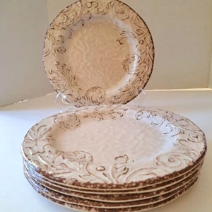 Set of 6 Beige Melamine Filigree Crackle Salad/Lunch Plates 8.75" Aphorism - Picture 1 of 10