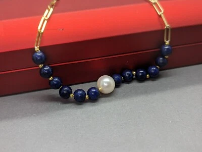 Natural Pearl & Lapis Lazuli Necklace - 14K Gold Plated Paper Clip Necklace - Image 1 of 4