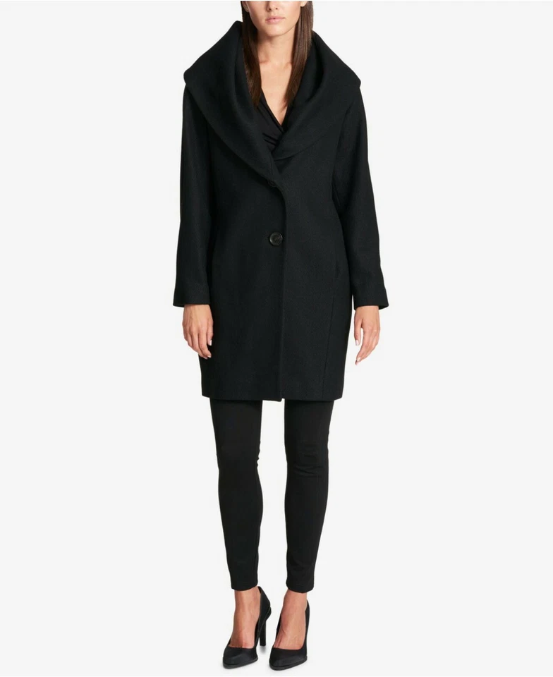 DKNY Classic Black Shawl-collar Full Button Walker Coat S