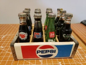 Wooden Crate Miniature Pepsi Cola RC 7Up Crush 3” Tall Soda Pop Glass 12 Bottles - Picture 1 of 12