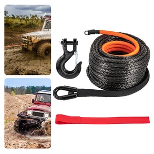 3/8" x 28m Winch Rope Synthetic Line Recovery Cable Black with Hook 4WD ATV SUV - Picture 1 of 3