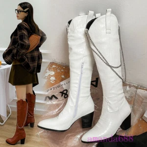 Hot Womens Chain Cowboy Boots Winter Pointed Toe Knee High Riding Boots Shoes Sz - Picture 1 of 15