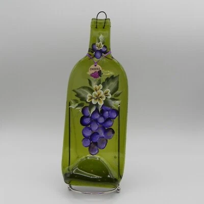 Flattened Wine Bottle Tray Melted Glass Dish Hand Painted Grapes Wall Hanging - Image 1 of 4