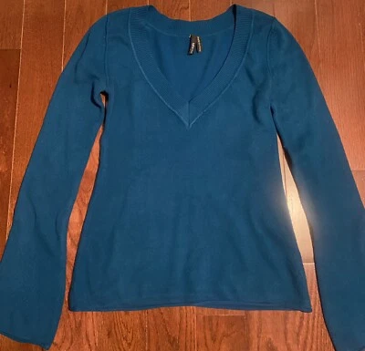 WOMEN'S Takeout Pullover V-Neck Rolled Hem TEAL Fitted Sweater - Image 1 of 2