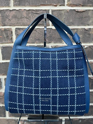 NWT $398 Kate Spade Knott Denim Check Medium Crossbody Tote Indigo Multi blue - Image 1 of 4