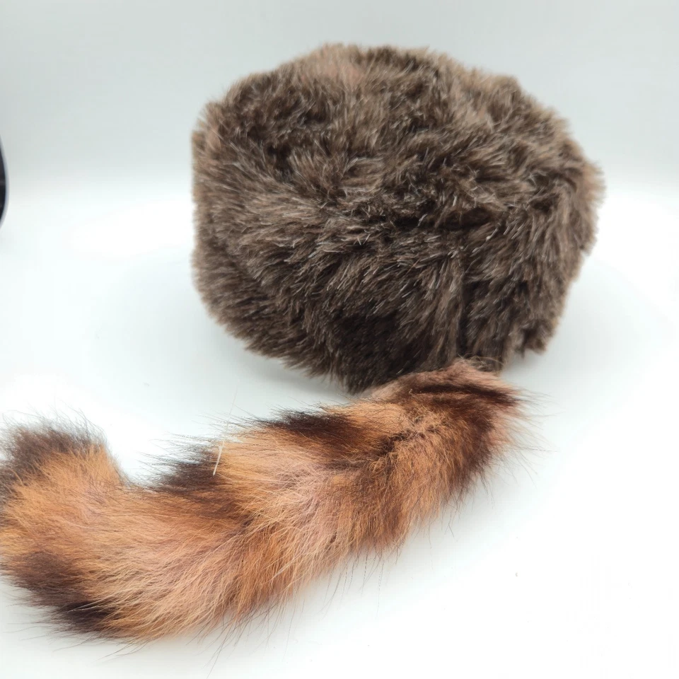 Faux Fur Coonskin Cap Davy Crockett Hat Medium Brown Tail Made in USA by J HATS - Image 1 of 4